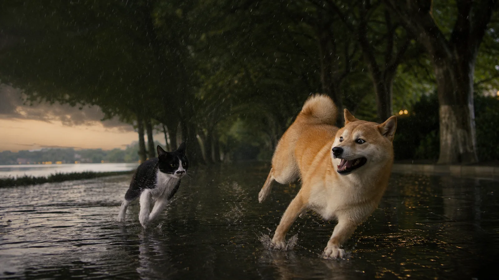 糯米和小米在夏日雨中的湖边公路上奔跑